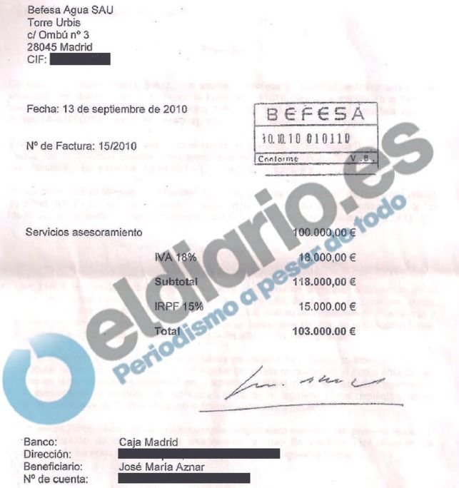 Factura de José María Aznar con Befesa